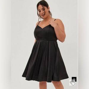 Black satin fit and flare party dress, size 20